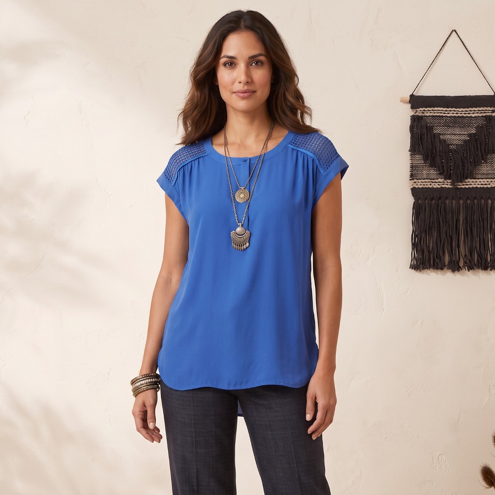 Daniel Rainn Royal Blue Crochet Mesh Panel Top Office Siren Boho Silk Flowy L